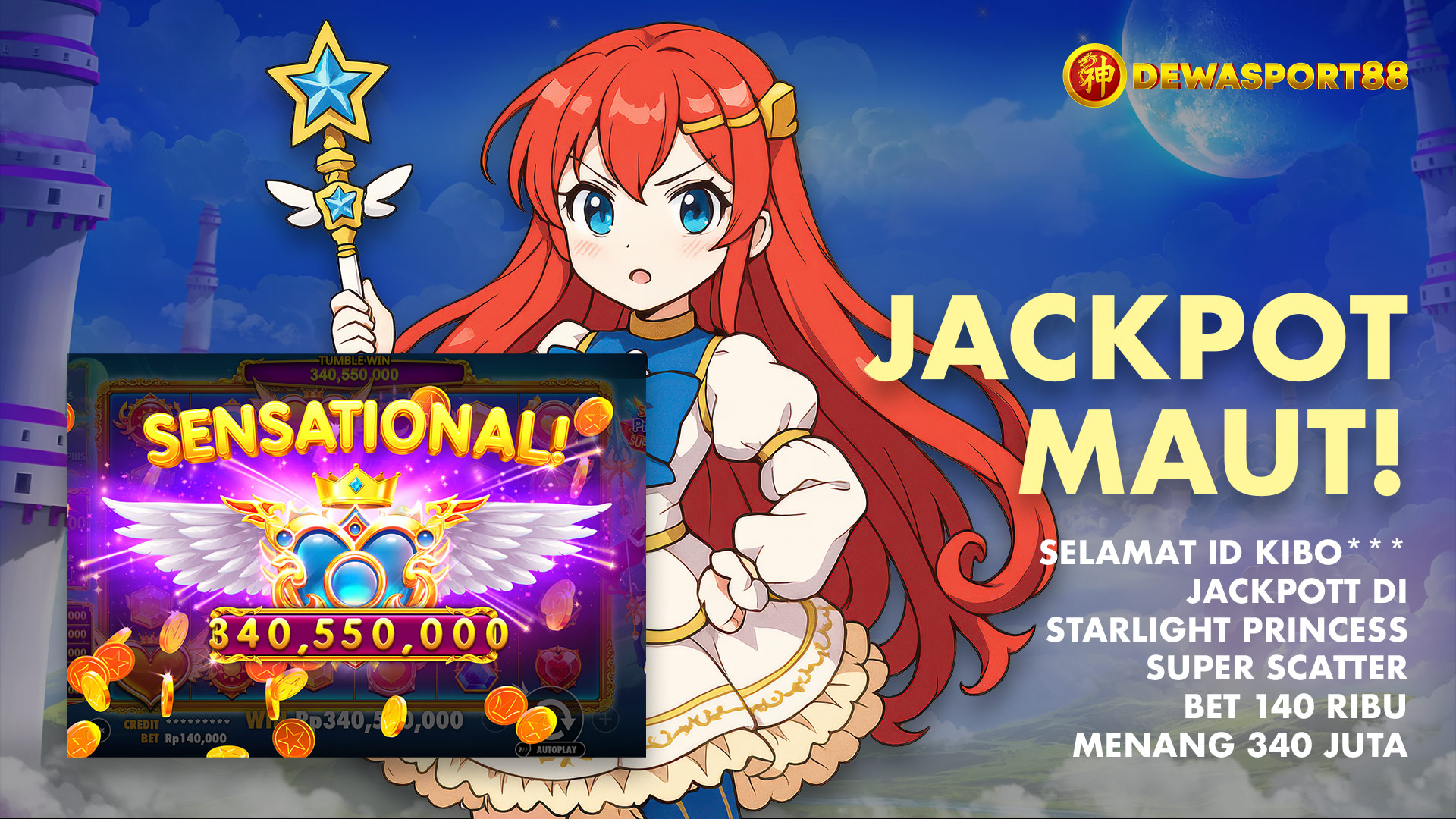 Testimoni Jackpot Dewasport88 menang 340 juta di Starlight Princess Super Scatter