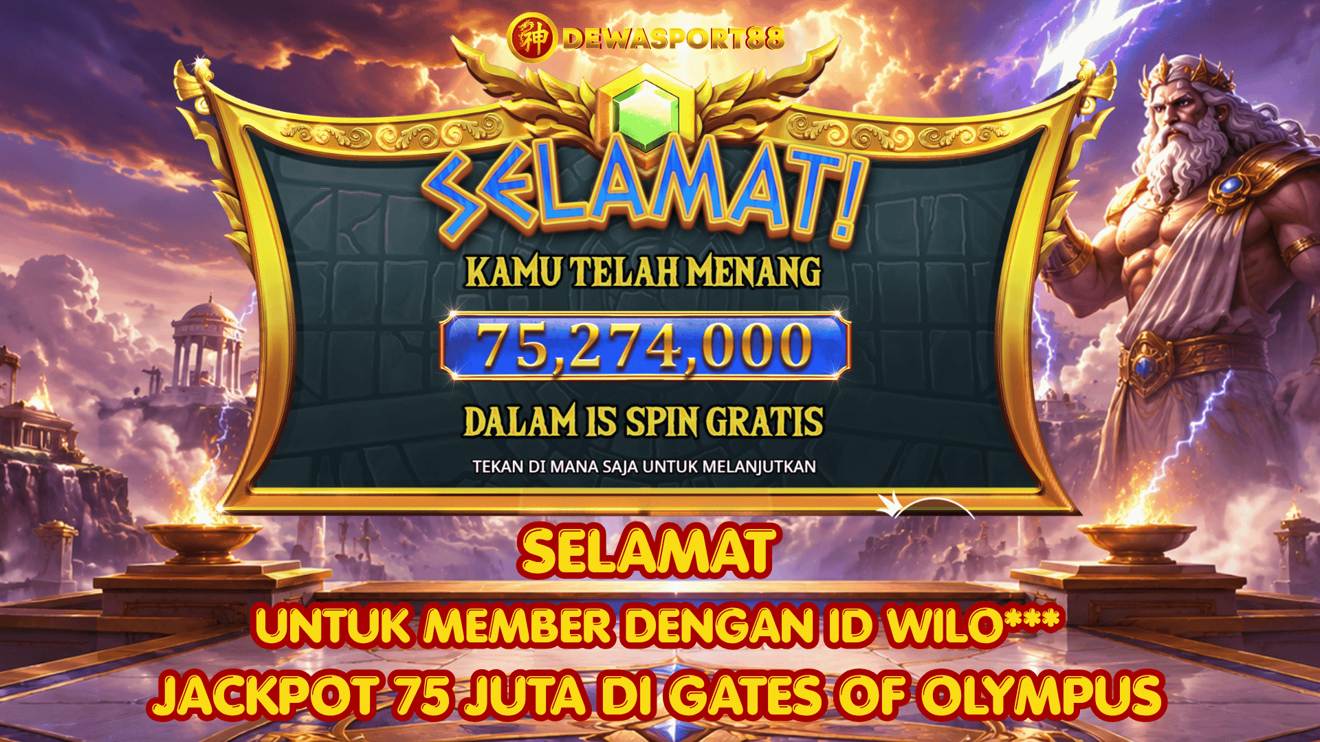 Kemenangan Gates of Olympus Rp75 Juta di DEWASPORT88